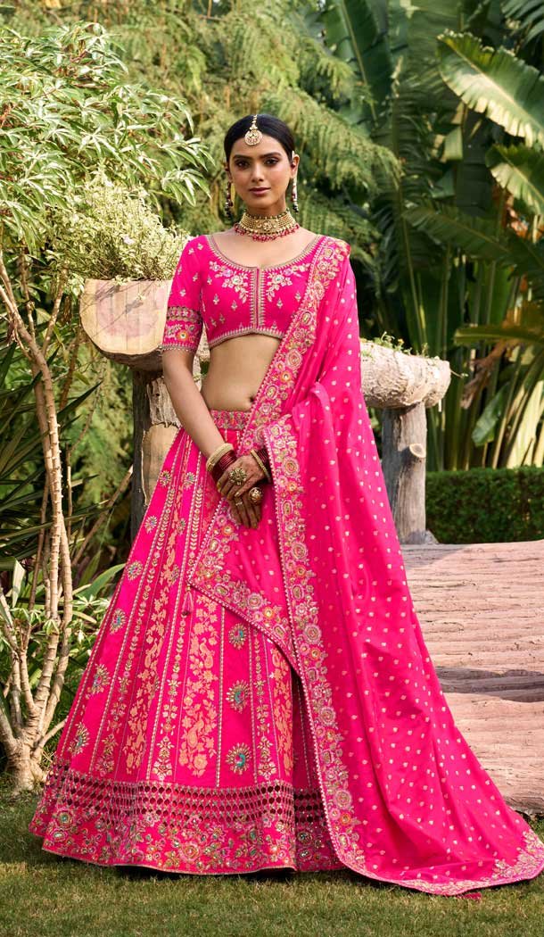 Rani Pink Banarasi Silk Resham Work Wedding Wear Lehenga Choli - 10500194261