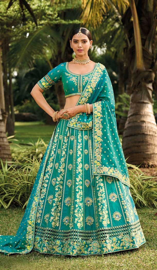 Mint Blue Banarasi Silk Resham Work Wedding Wear Lehenga Choli - 10500194262