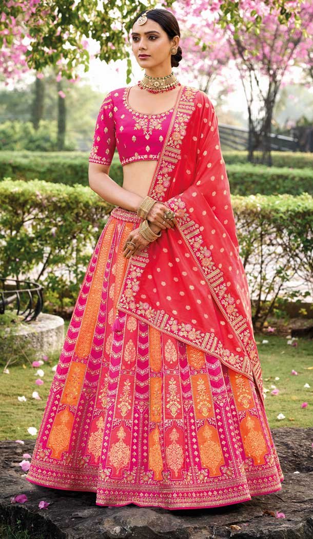 Pink And Orange Banarasi Silk Resham Work Wedding Wear Lehenga Choli - 10500194263