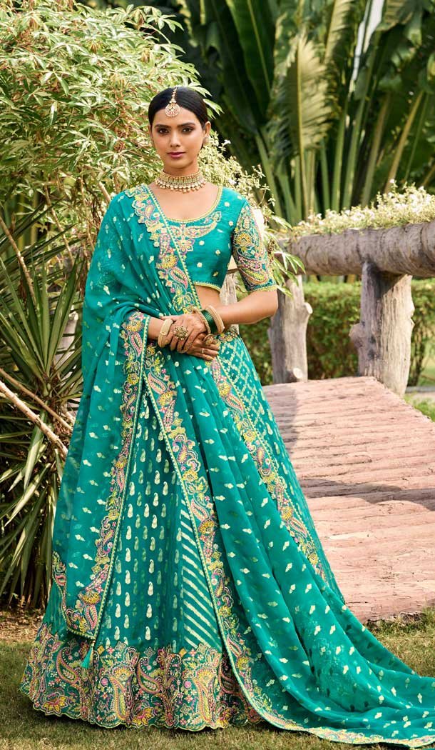 Mint Green Georgette Weaving Silk Resham Work Wedding Wear Lehenga Choli - 10500194267