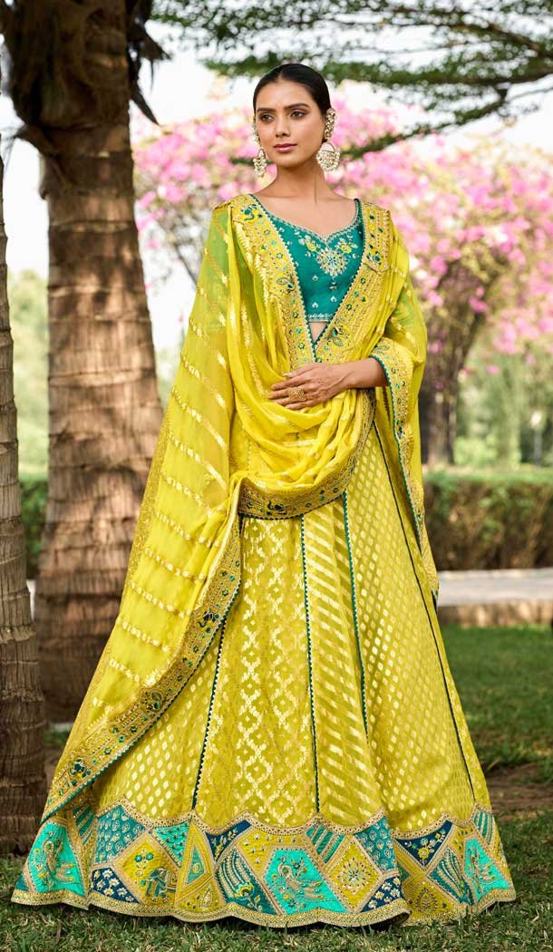 Lemon Yellow Georgette Weaving Silk Resham Work Wedding Wear Lehenga Choli - 10500194268