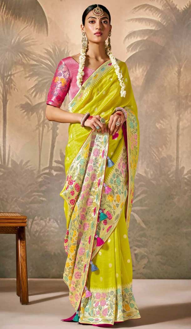 Lemon Yellow Silk Embroidered Designer Wear Saree - 10527194465