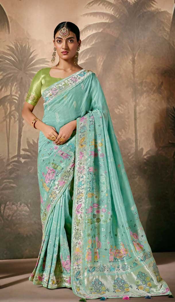 Rama Blue Silk Embroidered Designer Wear Saree - 10527194468
