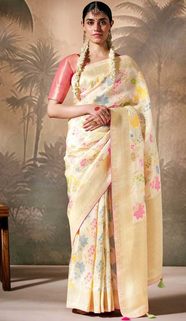 Cream Silk Embroidered Designer Wear Saree - 10527194471