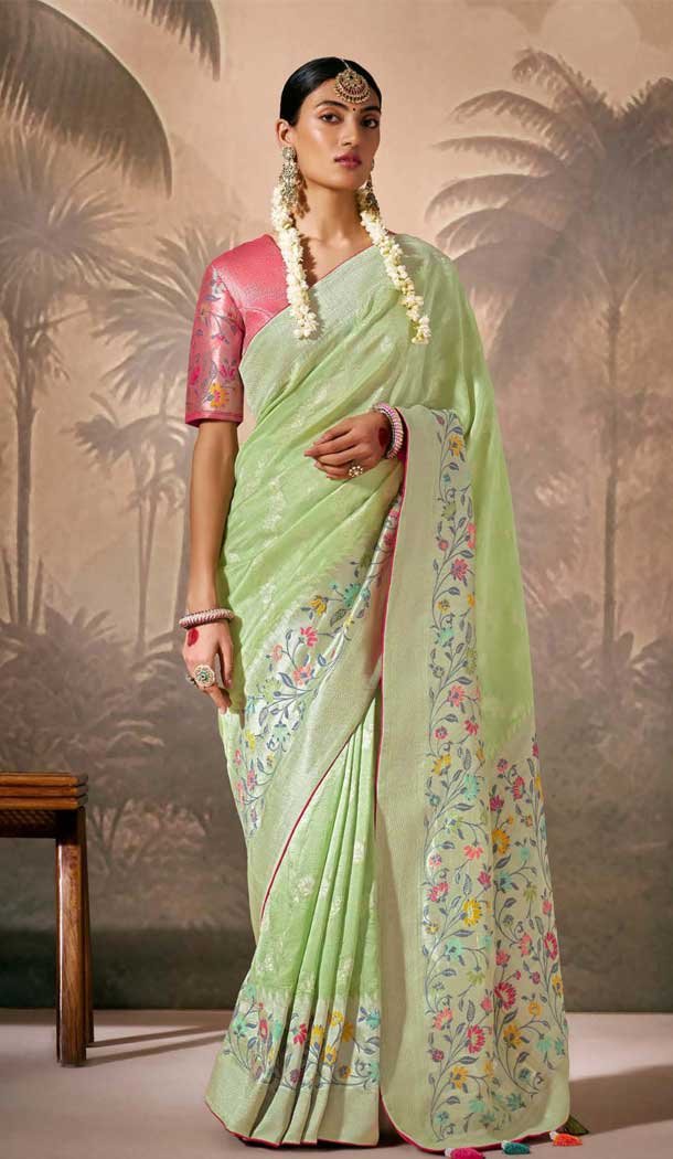 Pista Green Silk Embroidered Designer Wear Saree - 10527194472
