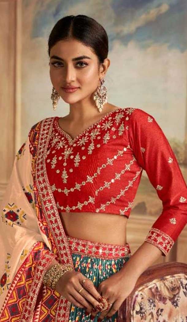 Dark Teal Green Gaji Silk Sequins Work Traditional Lehenga Choli - 10528194473