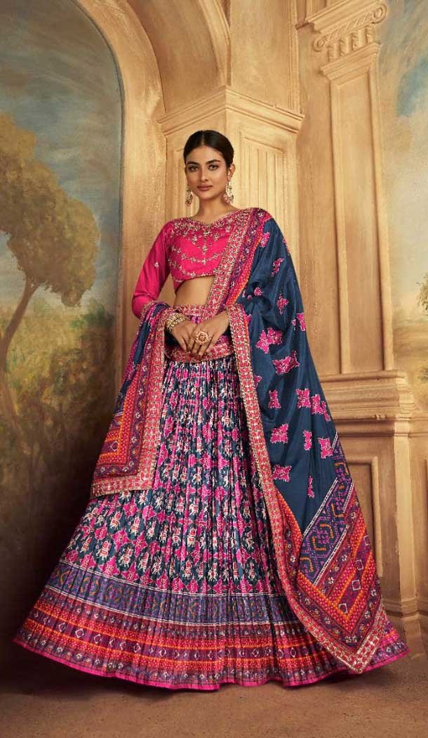 Teal Blue Gaji Silk Sequins Work Traditional Lehenga Choli - 10528194478