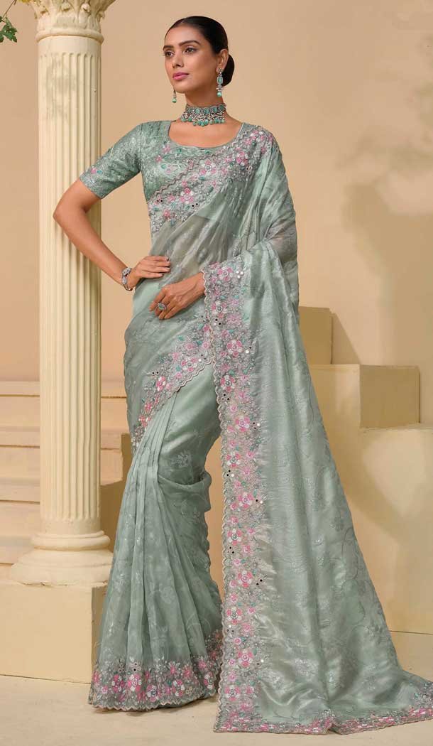 Aqua Blue Pure Soft Shine Resham Work Designer Wear Saree - 10530194491