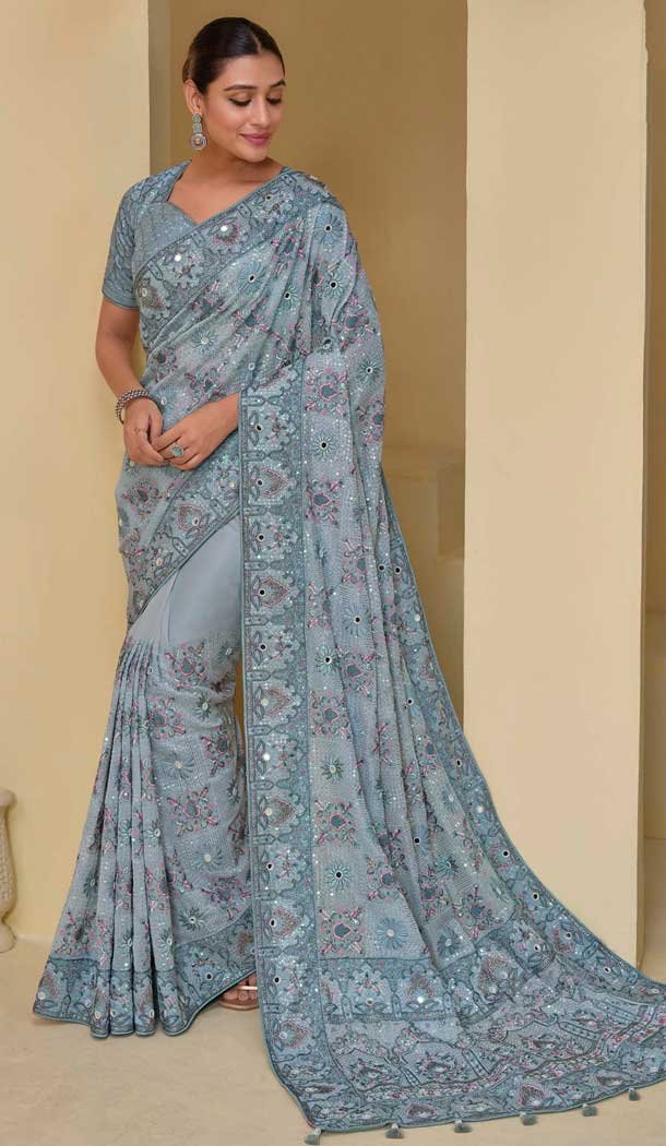 Sky Blue Banarasi Tuscany Resham Work Designer Wear Saree - 10530194498