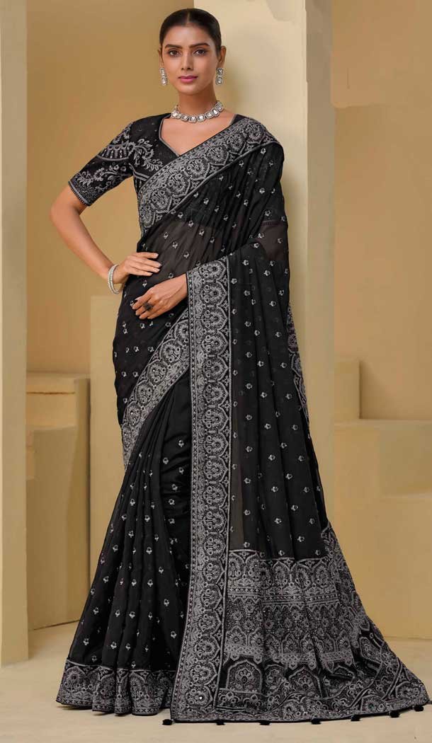 Banarasi Tuscany Resham Work Designer Wear Saree In Black - 10530194500