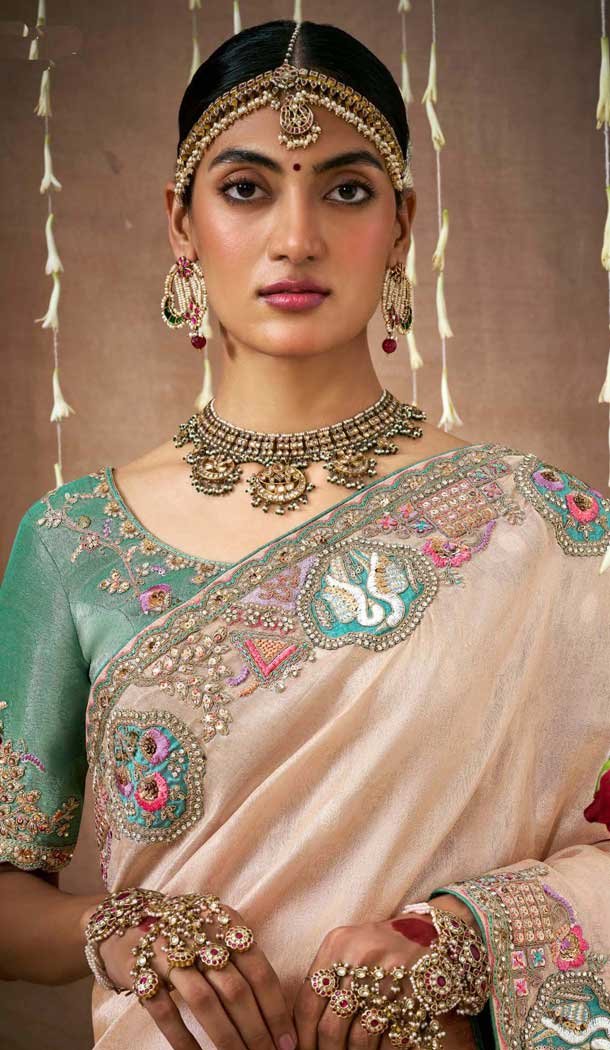 Peach Dola Silk Sequins Work Designer Wear Saree - 10535194519