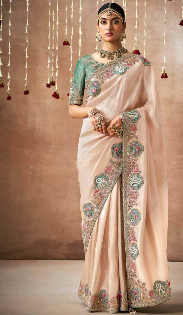 Peach Dola Silk Sequins Work Designer Wear Saree - 10535194519