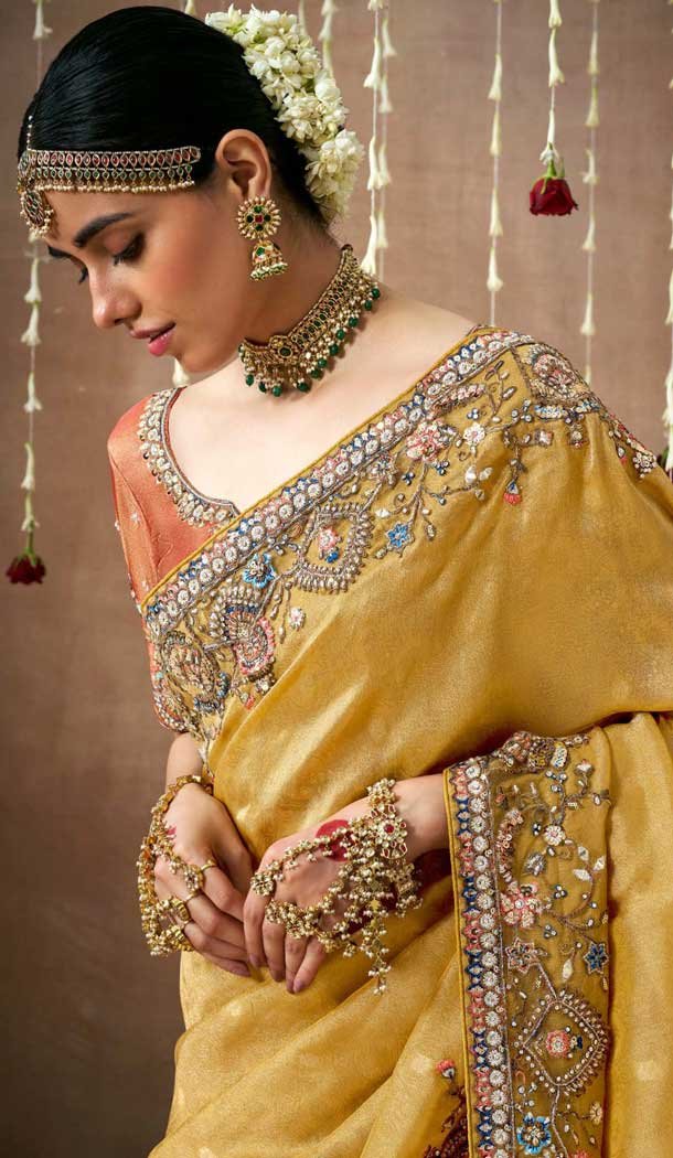 Mustard Dola Silk Sequins Work Designer Wear Saree - 10535194520