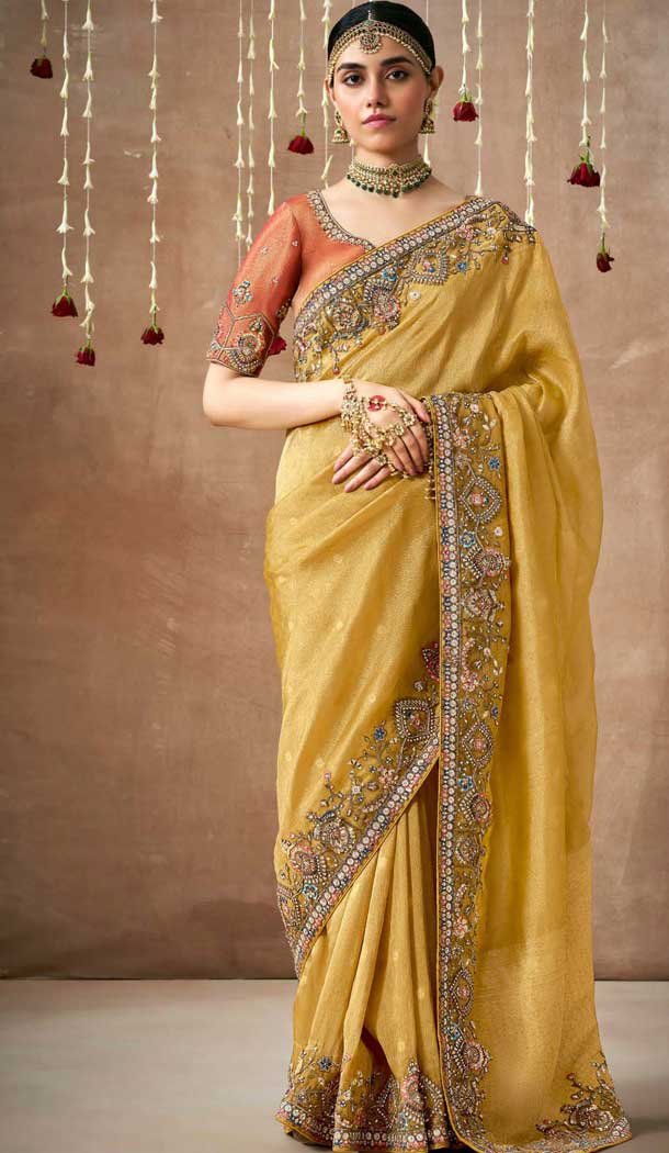 Mustard Dola Silk Sequins Work Designer Wear Saree - 10535194520