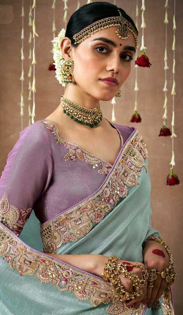 Sky Blue Dola Silk Sequins Work Designer Wear Saree - 10535194524