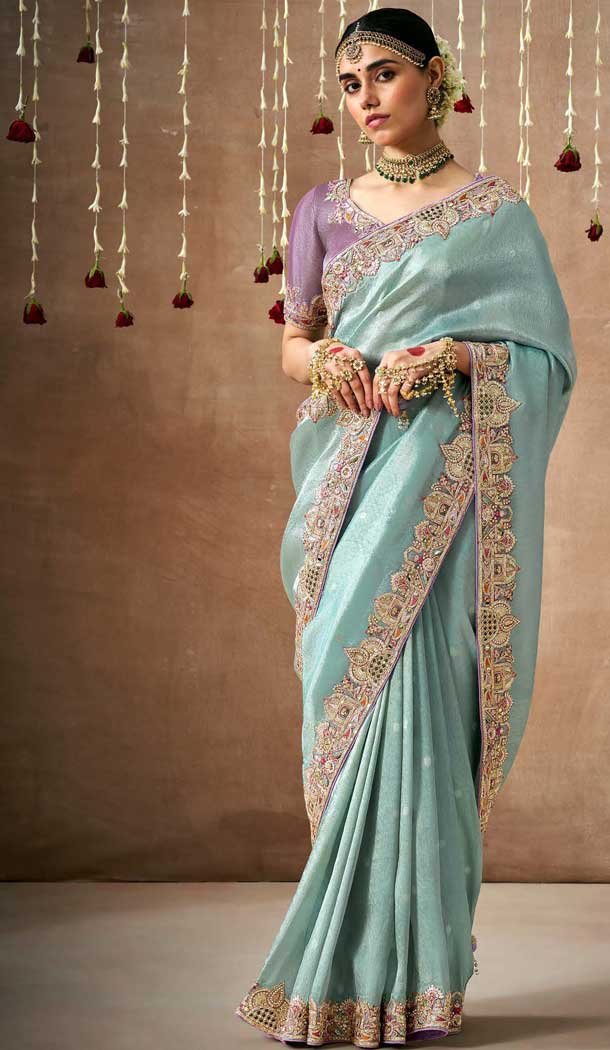 Sky Blue Dola Silk Sequins Work Designer Wear Saree - 10535194524