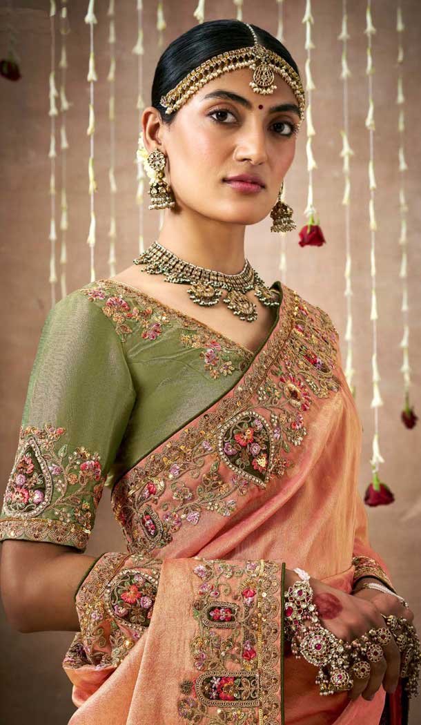 Orange Dola Silk Sequins Work Designer Wear Saree - 10535194525