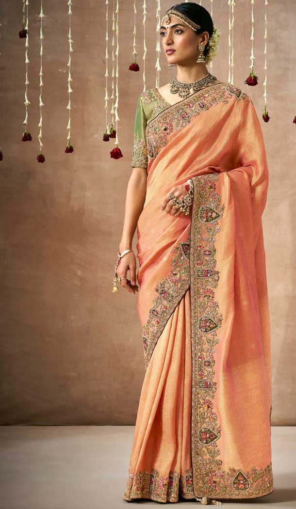 Orange Dola Silk Sequins Work Designer Wear Saree - 10535194525