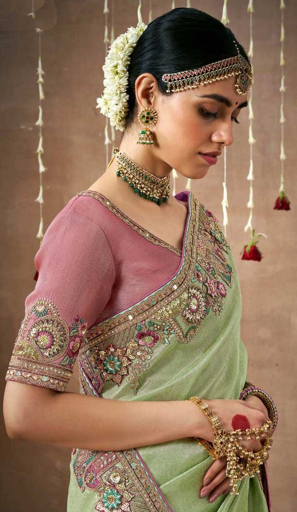 Pista Green Dola Silk Sequins Work Designer Wear Saree - 10535194526