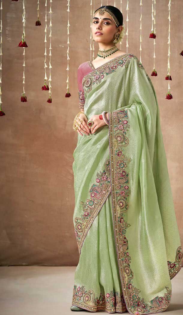 Pista Green Dola Silk Sequins Work Designer Wear Saree - 10535194526