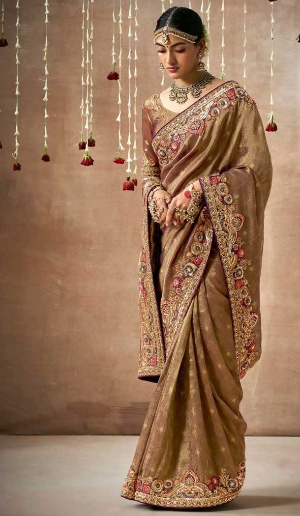 Beige Dola Silk Sequins Work Designer Wear Saree - 10535194527