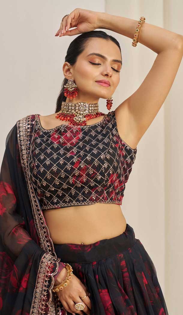 Black Organza Digital Printed Designer Wear Lehenga Choli - 10544194560