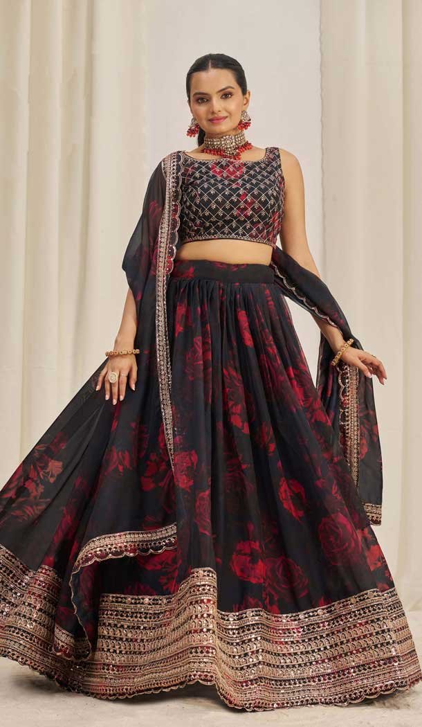 Black Organza Digital Printed Designer Wear Lehenga Choli - 10544194560