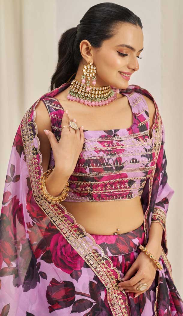 Pink Organza Digital Printed Designer Wear Lehenga Choli - 10544194561