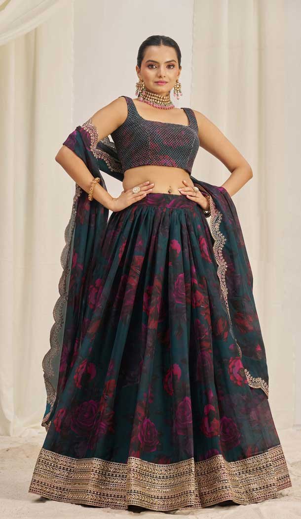 Dark Teal Organza Digital Printed Designer Wear Lehenga Choli - 10544194562