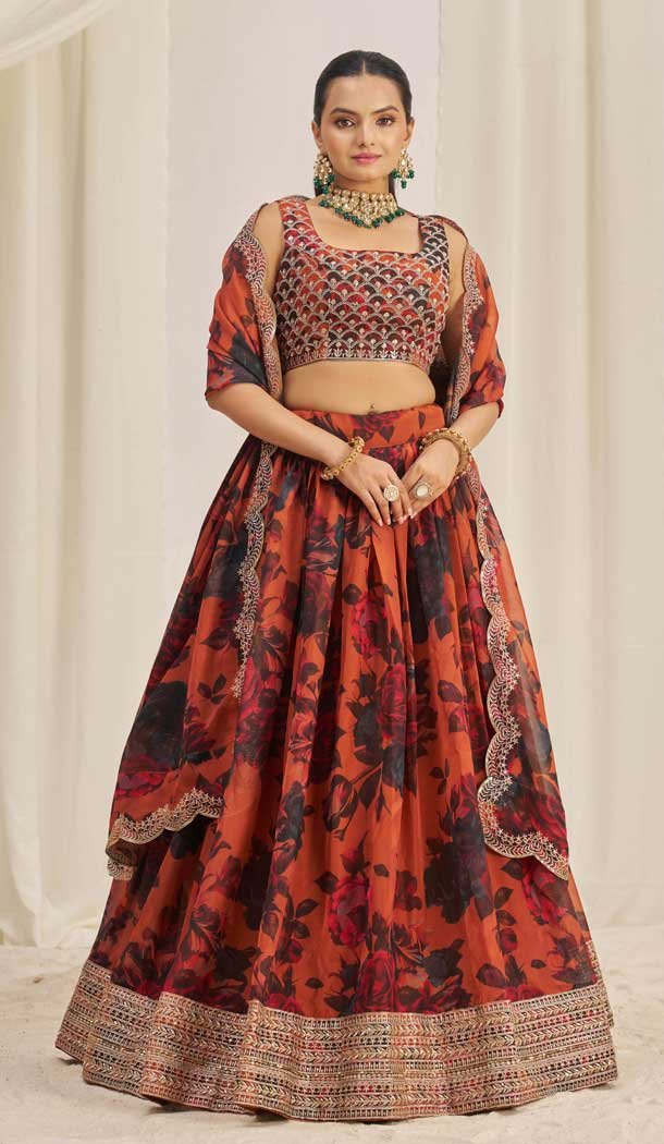 Orange Organza Digital Printed Designer Wear Lehenga Choli - 10544194563