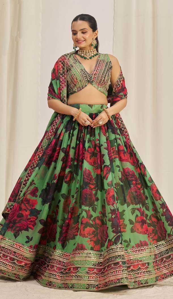 Light Green Organza Digital Printed Designer Wear Lehenga Choli - 10544194564