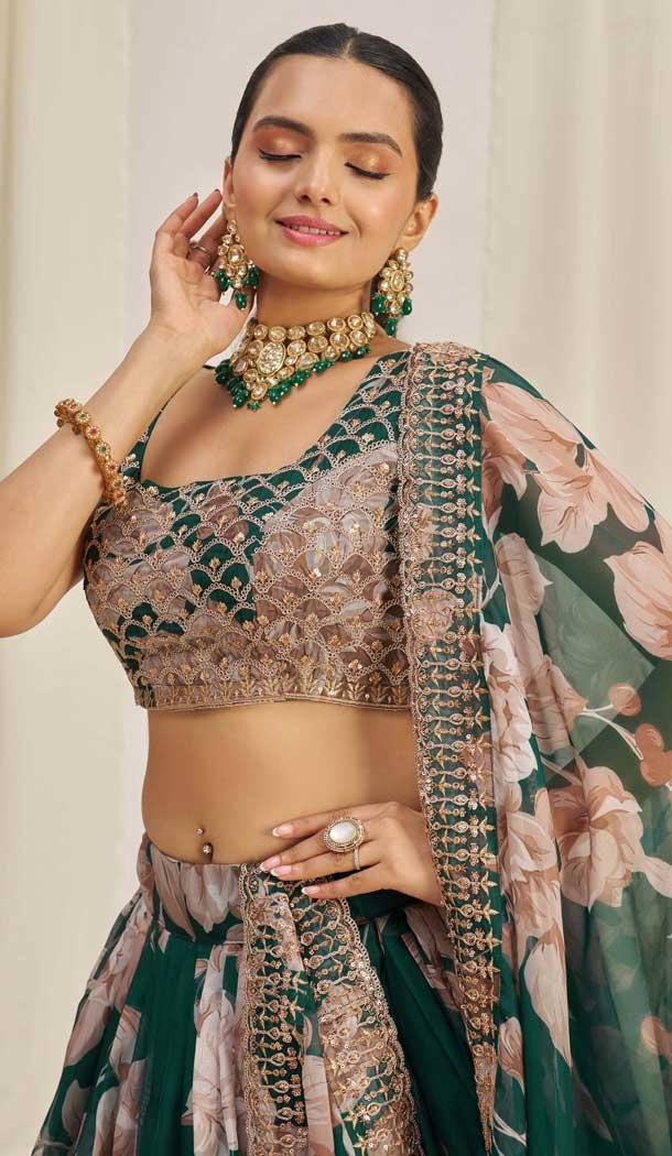 Teal Green Organza Digital Printed Designer Wear Lehenga Choli - 10544194565