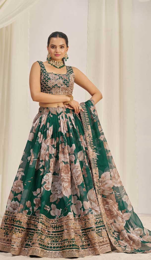 Teal Green Organza Digital Printed Designer Wear Lehenga Choli - 10544194565