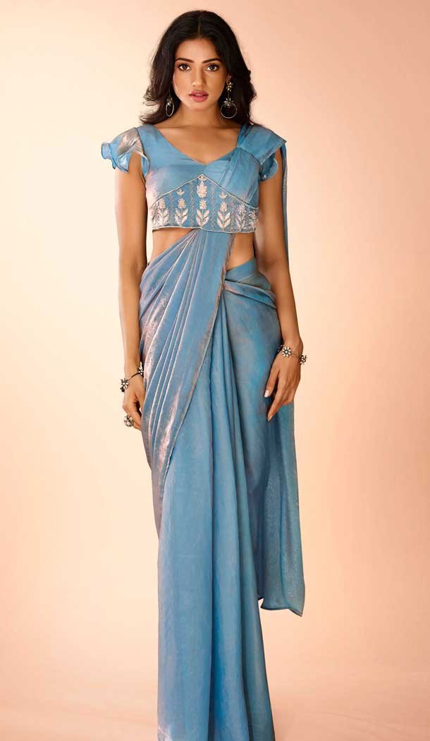 Sky Blue Organza Resham Work Designer Wear Saree - 10545194568