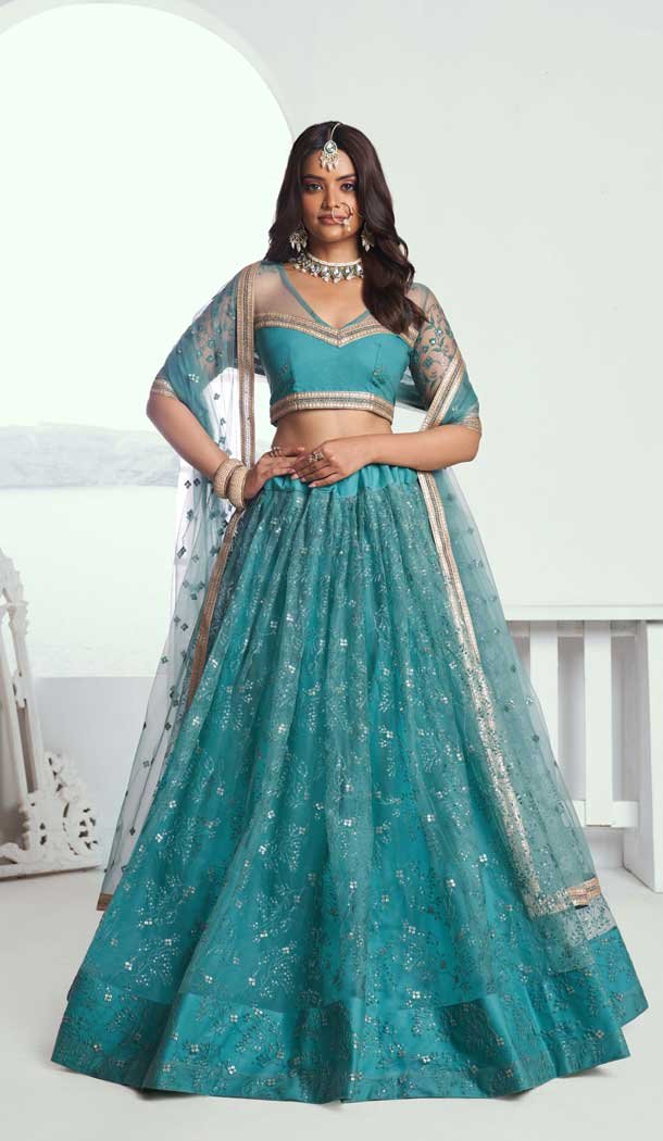 Rama Green Net Resham Work Party Wear Lehenga Choli - 10546194572