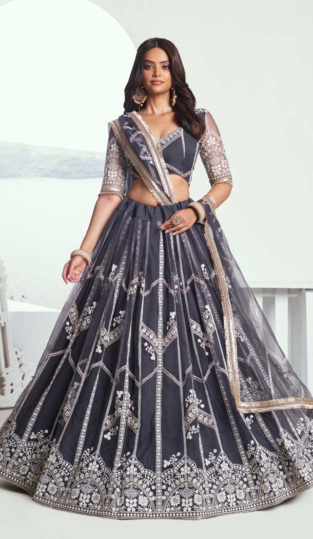 Dark Grey Net Resham Work Party Wear Lehenga Choli - 10546194574