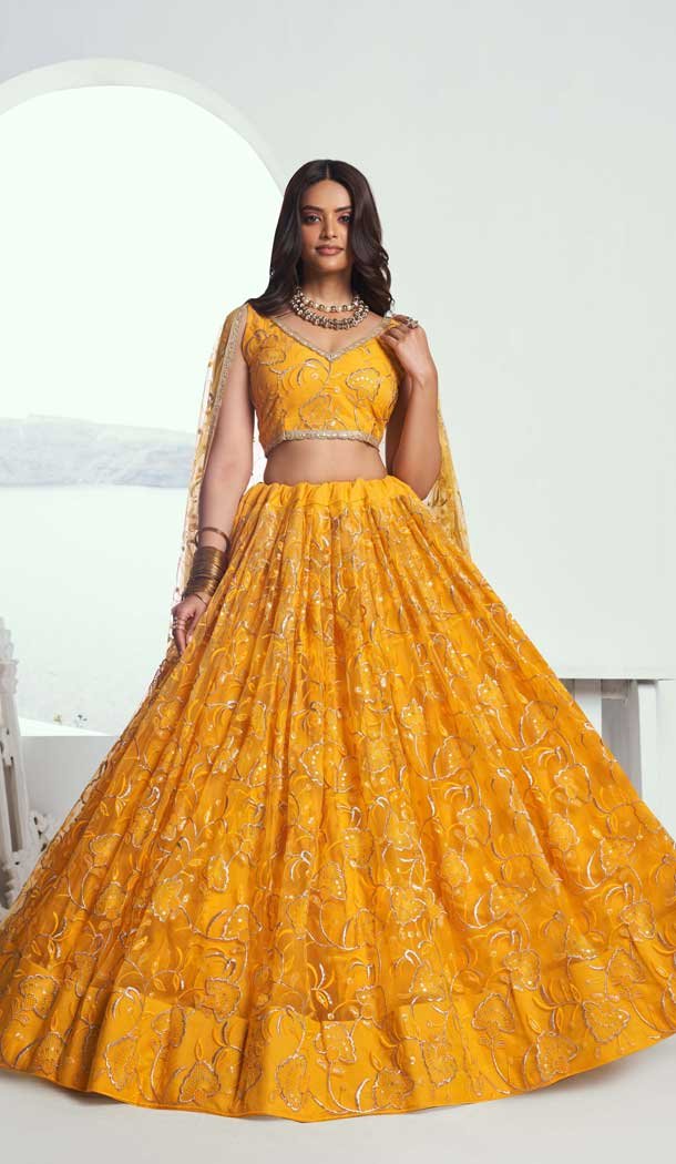 Yellow Net Resham Work Party Wear Lehenga Choli - 10546194575