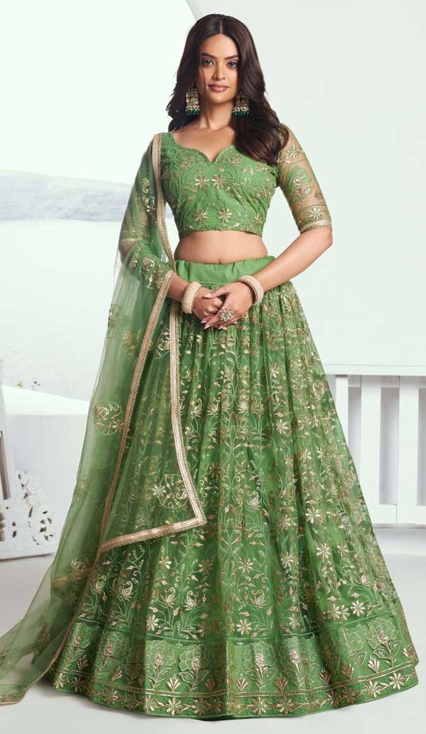 Pista Green Net Resham Work Party Wear Lehenga Choli - 10546194576