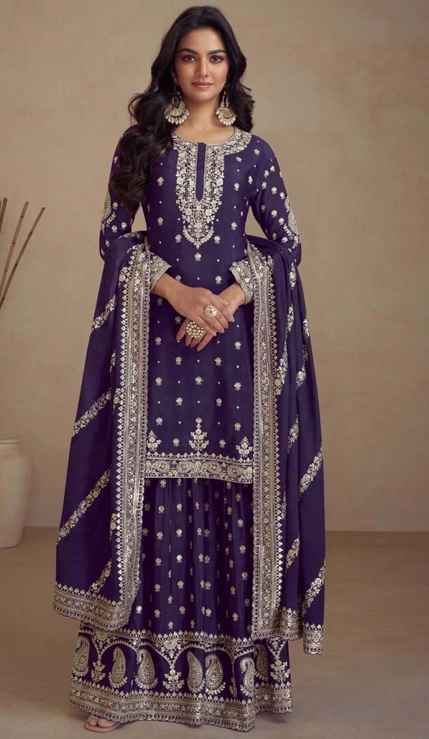 Silk Embroidered Party Wear Palazzo Salwar Suit In Purple - 10516194358