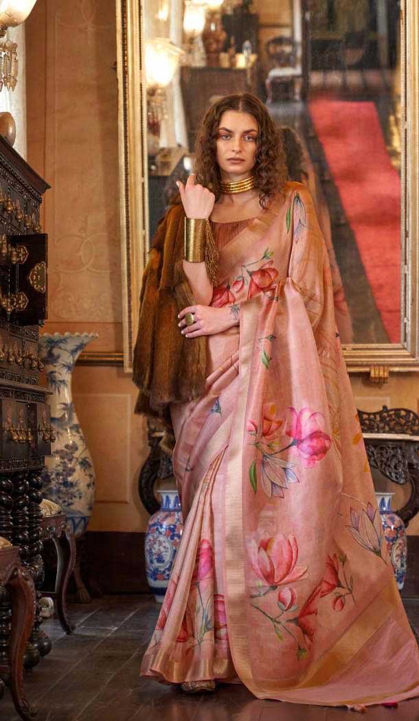 Peach Softweave Digital Printed Party Wear Saree - 10566194647