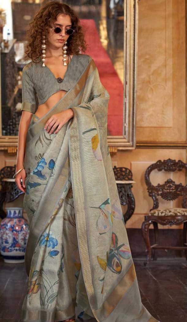 Grey Softweave Digital Printed Party Wear Saree - 10566194648