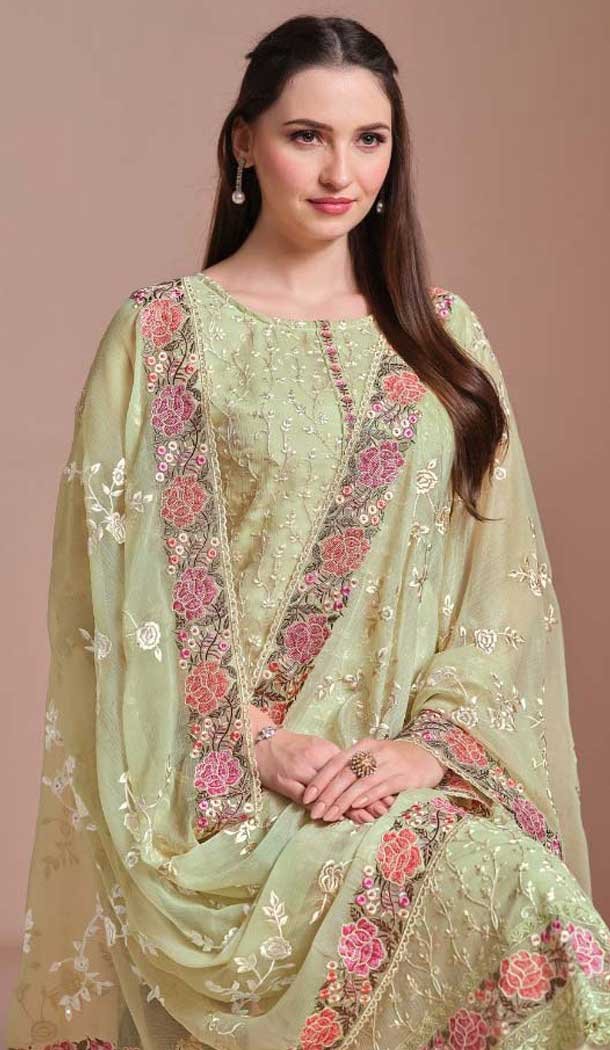 Chiffon Embroidered Party Wear Salwar Suit In Pista Green - 10577194713