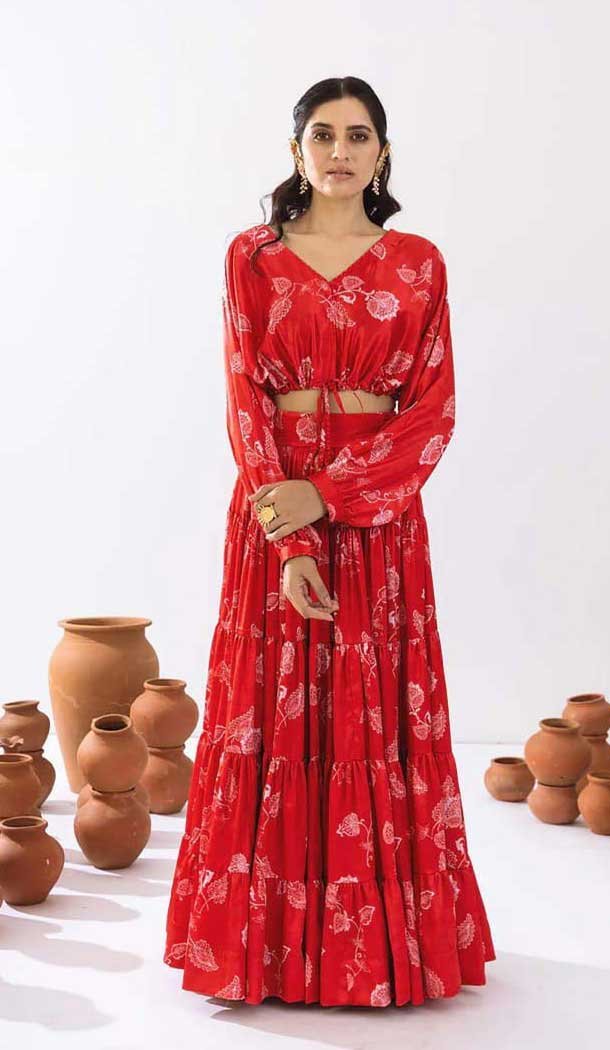 Red Chinon Digital Printed Party Wear Lehenga Choli - 10579194721
