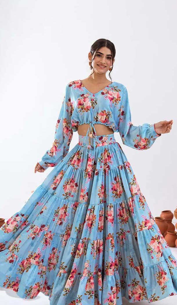 Sky Blue Chinon Digital Printed Party Wear Lehenga Choli - 10579194722