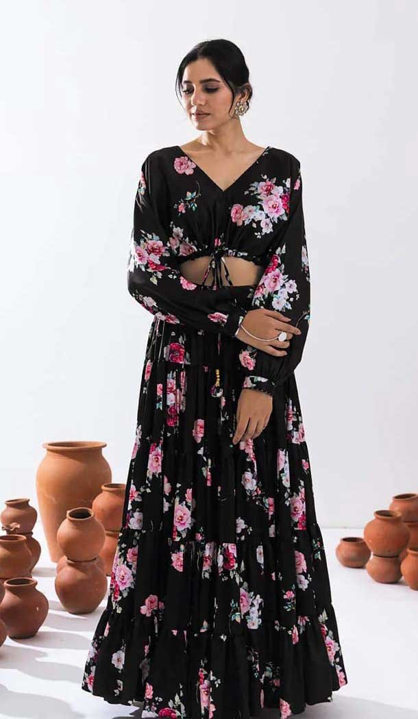 Black Chinon Digital Printed Party Wear Lehenga Choli - 10579194724