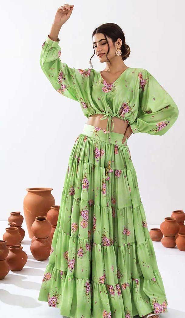 Pista Green Chinon Digital Printed Party Wear Lehenga Choli - 10579194725