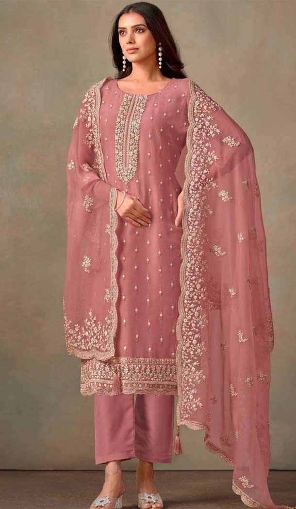 Pink Organza Resham Work Party Wear Salwar Kameez - 10581194739