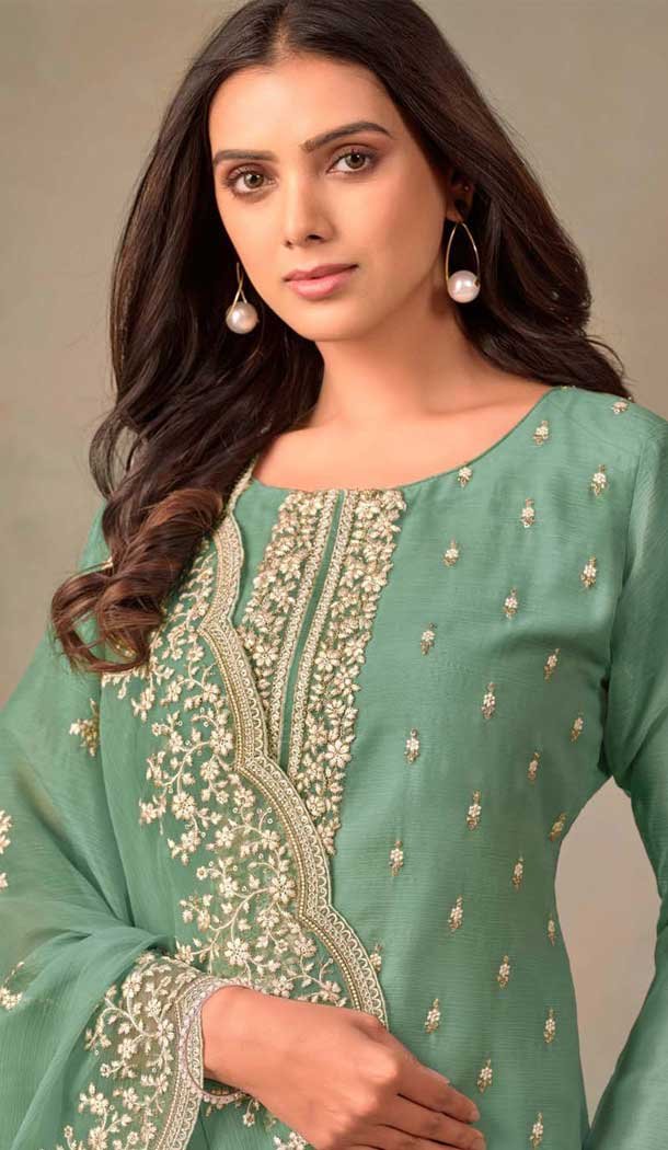 Mint Green Color Organza Resham Work Party Wear Salwar Kameez - 10581194742