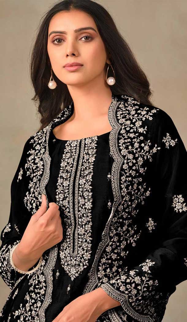Black Organza Resham Work Party Wear Salwar Kameez - 10581194750