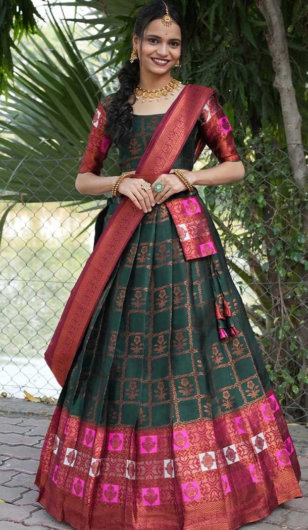 Green Lichi Silk Zari Work Traditional Wear Lehenga Choli - 10593194898